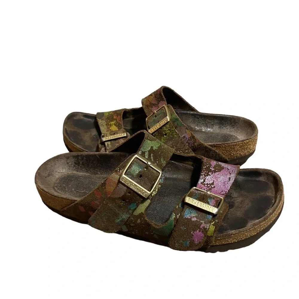 BIRKENSTOCK ARIZONA Flower Crush Mocca Leather Sandals Slide US5 EU36 UK3 Womens